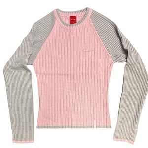 Vintage Y2K Southpole Pink Gray Ribbed Knit Raglan Long Sleeve Sweater Top XL
